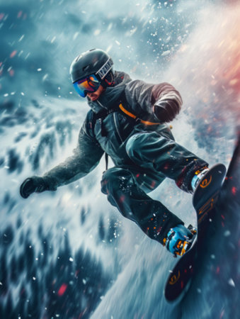 An avid snowboarder carves through a blizzard, showcasing agility and thrill.の素材