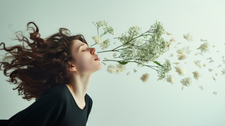 Portrait . Ethereal Floral Euphoria: Woman with Levitating White Blossomsの素材