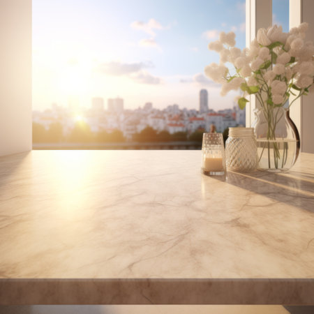 Soft light graces a minimalist marble table with a delicate vaseの素材