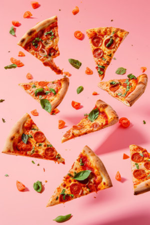 Pepperoni Pizza Suspended Mid-Air Against a Pink Backdropの素材