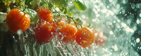 Ripe red tomatoes and green lettuce in a dynamic water splash.の素材