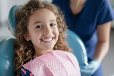 Cheerful Child Patient Smiling in Dental Chair with Clinic Equipment in Background - health care conceptの素材