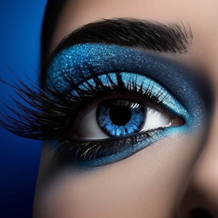 Detailed close-up of a blue eye with bold eyeshadow and lashesの素材