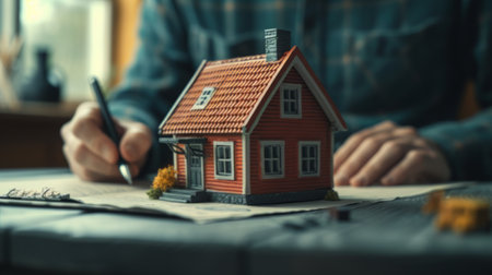 Architect Reviewing Blueprints with Miniature House Model in Foreground close upの素材