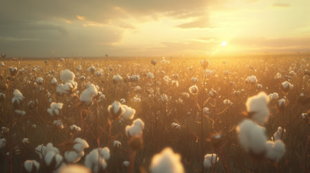 Serene Cotton Field at Sunset with Glowing Lightの素材