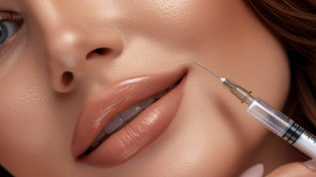 A close-up image capturing the moment of a cosmetic procedure, with a syringe poised by full, glossy lips, highlighting the beauty industry's services.の素材