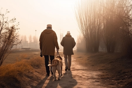 Senior couple enjoys a tranquil walk with their dogs among autumn treesの素材