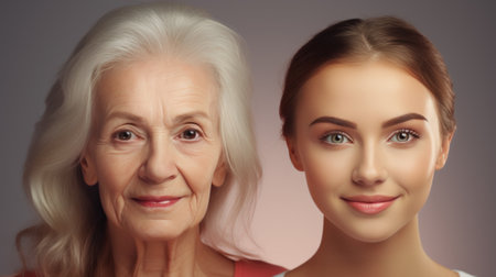 Elderly woman and young lady share a tender moment, showcasing timeless beauty.の素材