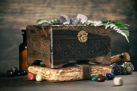 A beautifully crafted wooden chest adorned with crystals and fern leaves, set in an atmospheric, earthy background. Perfect for holistic or vintage themes.の写真素材
