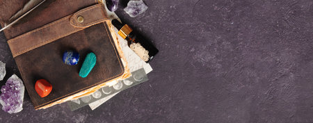 Spiritual Items with Leather Journal, Crystals, and Incenseの写真素材