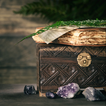 A close-up view of an ornate wooden chest with a weathered journal, reflecting timeless charm and craftsmanship. Perfect for rustic, retro, or literary projects.の写真素材