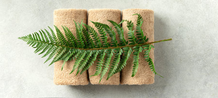 Top view of rolled beige towels tied with string and topped with a fresh green fern. Clean, minimalist spa or eco wellness concept on a light stone surface.の写真素材