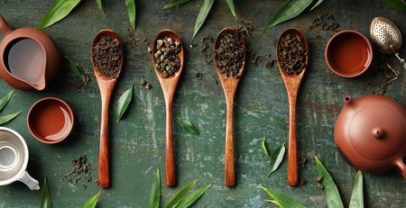 Flat lay composition featuring a red clay teapot, teacups, tea strainer, and four wooden spoons...