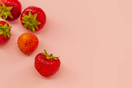 A small amount of ripe homemade strawberries lies on a pink backgroundの写真素材