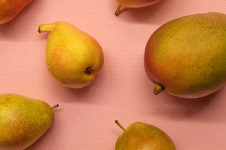 Fresh fruit on the pink background of a horizontal photo. View from above on mature mango fruit and yellow small pears. Fruits are whole, peeledの写真素材