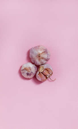 The photo shows an image of purple garlic. Garlic lies on a pink background. One head of garlic is not whole. A certain number of teeth are missingの写真素材