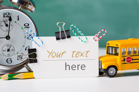 Back to school concept. School supplies. Empty business card with your text