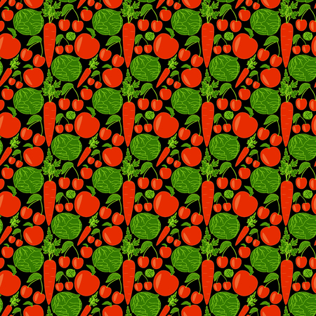 Seamless pattern with apple, cabbage, carrot and cherry on black backgroundのイラスト素材