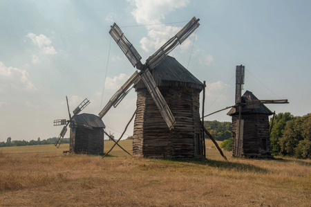 Antique ramshackle wooden windmill, Pirogovo, Kiev, Ukraineの写真素材