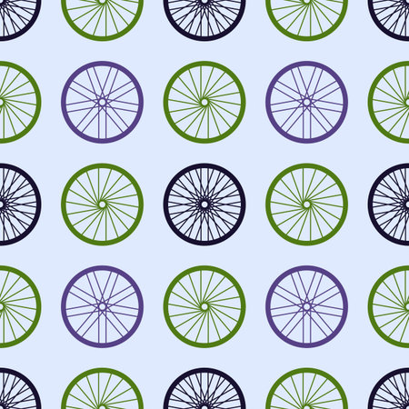 Seamless pattern with bike wheels. Bicycle wheels with colored rims and spokes. Vector illustration.