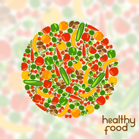 Vegetarian background. Healthy food. Beautiful circle with fruits, vegetables, berries and mushrooms on blurred background. Vector color illustration.のイラスト素材