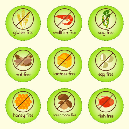 Colorful allergen food set with gluten free, shellfish free, soy free, nut free, lactose free, egg free, honey free, mushroom free and fish free icons.のイラスト素材