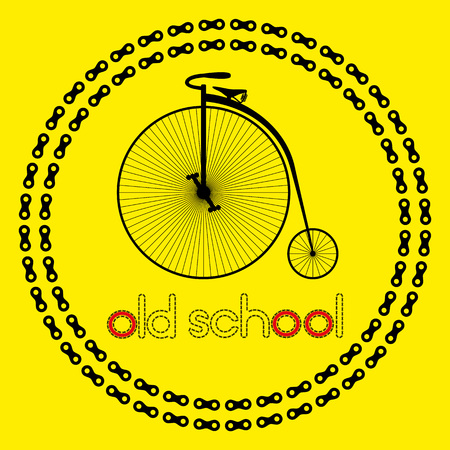 Penny farthing bike icon  or label with text old school. Isolated Black Silhouette of bicycle in chain circles.のイラスト素材