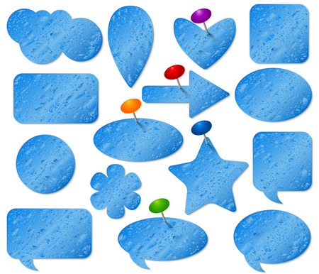 Blue stickers set with misted glass effect and colored pushpins.のイラスト素材