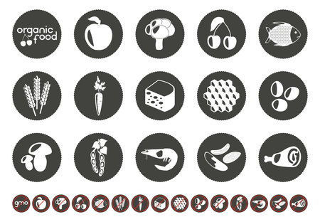 Food set with silhouettes of corn, dairy products, meat, vegetables, seafood, eggs, berry and honey. Organic food, gmo free.のイラスト素材