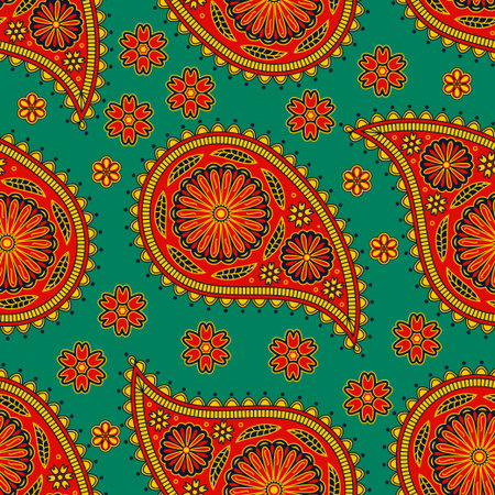 Seamless pattern in Indian style. Ethnic ornament with flowers and paisleys.のイラスト素材