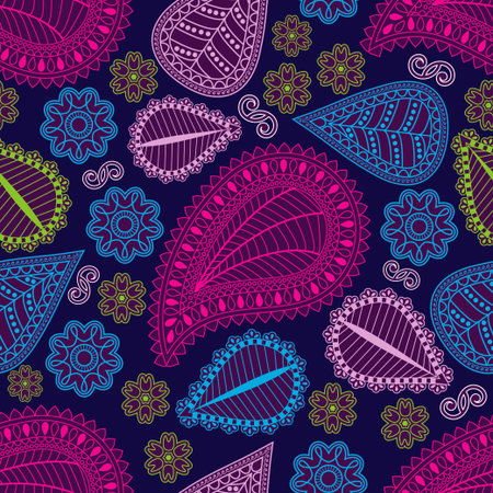 Seamless pattern in Indian style. Ethnic ornament with flowers and paisleys.のイラスト素材