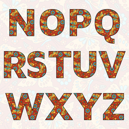 Vector alphabet with flowers and butterflies you can change all colors for your design. Good for invitations and birthday cards.のイラスト素材