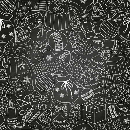 Christmas seamless background with many winter doodles. Greating card. Toys, cookies, snowmen, fir, candies, socks, gifts, bows, snowflakes, stars, hollies, mittens, chalk.のイラスト素材