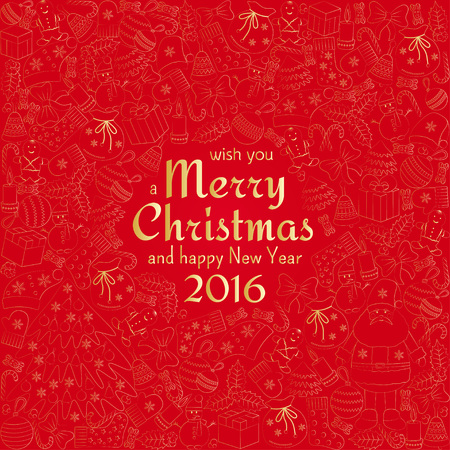 Christmas greeting card with text wish you a Merry Christmas and many winter doodles. Santa, toys, cookies, snowmen, fir, candies, socks, gifts, bows, snowflakes, stars, hollies, mittens, etc.のイラスト素材