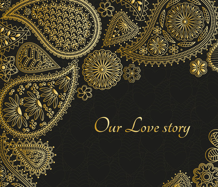 Floral paisley background with indian ormament and place for your text. Golden design with hearts.のイラスト素材