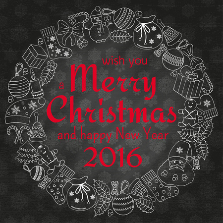 Christmas greeting card with text wish you a Merry Christmas and wreath with many winter doodles. Santa, toys, cookies, snowmen, fir, candies, socks, gifts, bows, snowflakes, hollies, mittens.のイラスト素材