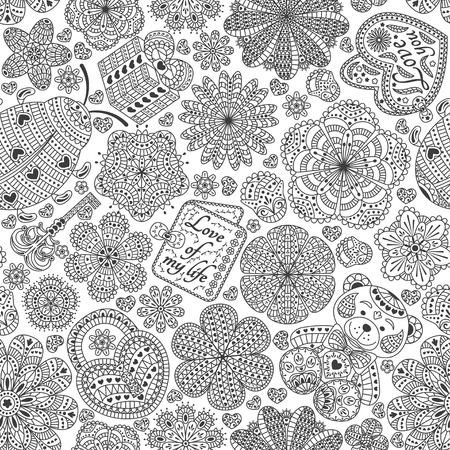 Seamless pattern with flowers, hearts, cards, bear, gift, key and ladybug. Text Love you and Love of my life. Beautiful floral background. Good for Valentines day card, invitation, etc.のイラスト素材