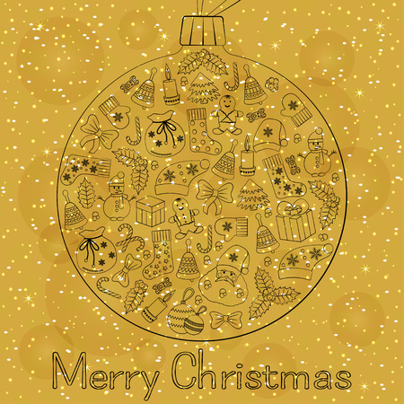 Christmas ball greeting card with text Merry Christmas and many winter doodles. Santa, toys, cookies, snowmen, fir, candies, socks, gifts, bows, snowflakes, stars, hollies, mittens, etc.のイラスト素材