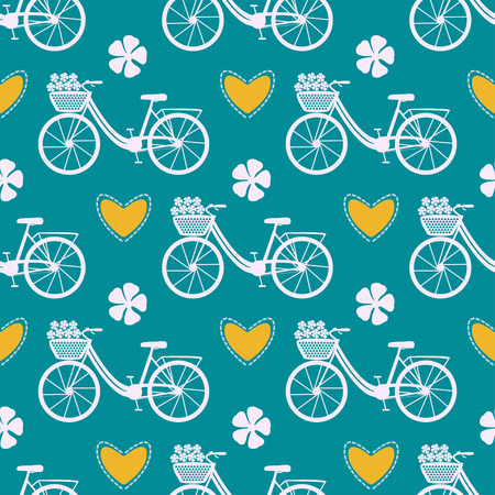 Seamless bicycle pattern. City bike with hearts and flowers. Vector illustrationのイラスト素材