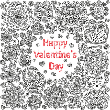Design of card for Valentines day. Pattern with flowers, hearts, bear, gift and key. Text Love you and Happy Valentines day. Beautiful floral background. Good for weddings, invitations, birthdaysのイラスト素材