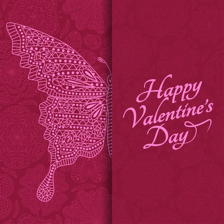 Romantic floral background with butterfly and place for your text. Pattern with flowers and ladybug at the back. Colorful detailed illustration.のイラスト素材