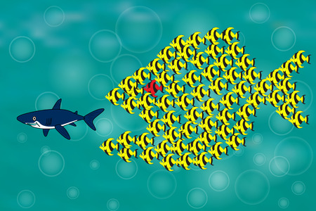 Teamwork Concept Illustration with Big Fish chasing Small fish and Fish group chasing Big fishのイラスト素材