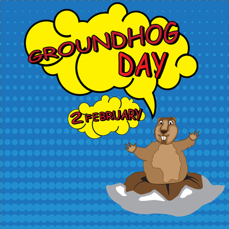 Cards for Groundhog Day. Congratulations to the end of winter and beginning of spring. Vector illustration. Blue background.のイラスト素材