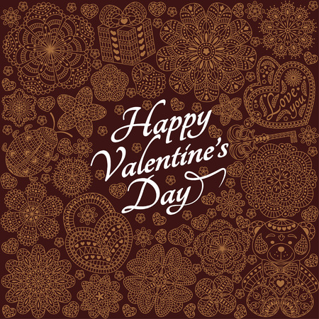 Card design for Valentines day. Pattern with flowers, key, lock, gift and bear. Round shape. Floral lettering background. Text Happy Valentines Day. Chocolate and brown colorsのイラスト素材