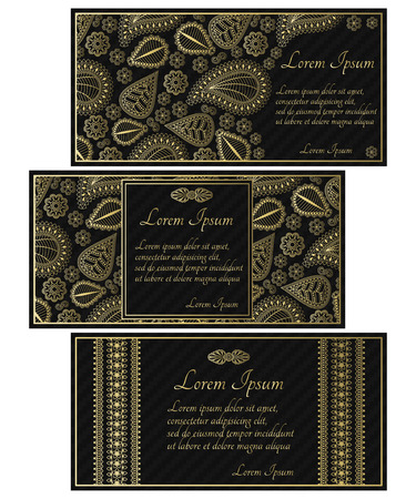 Set of black invitation cards with golden paisley. Carbon texture and floral elements. Good for widdings, parties, anniversaries, etc.のイラスト素材
