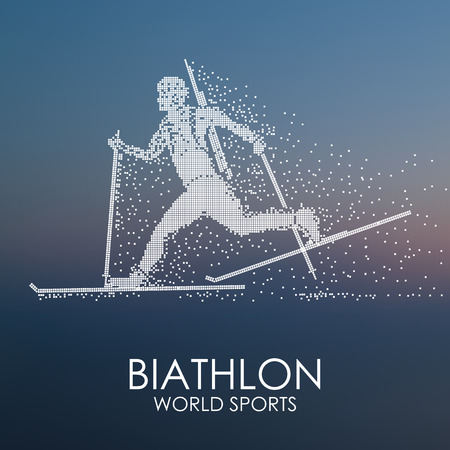 Sportsman running on skis with a weapon, biathlon competition, abstract background, particle divergent composition, vector illustration.のイラスト素材