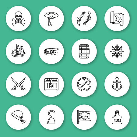 Set of line icon. Pirate. Contour round icons with shadow. Info graphic elements. Vector illustration, eps 10.のイラスト素材