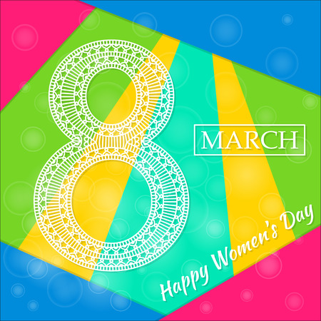 Womens Day greeting card. Beautiful crochet white figure eight, text March 8, Happy Womens Day, modern material design style at the background. Vector illustration.のイラスト素材