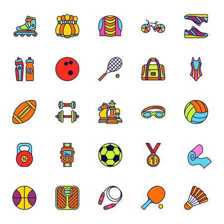 Set of line colored icon. Sport, fitness and recreation equipment. Contour colorful icons. Info graphic elements.のイラスト素材