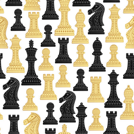 Seamless pattern with all chess pieces. Black and white. Beautiful lace ornament in Indian style. Vector illustration.のイラスト素材